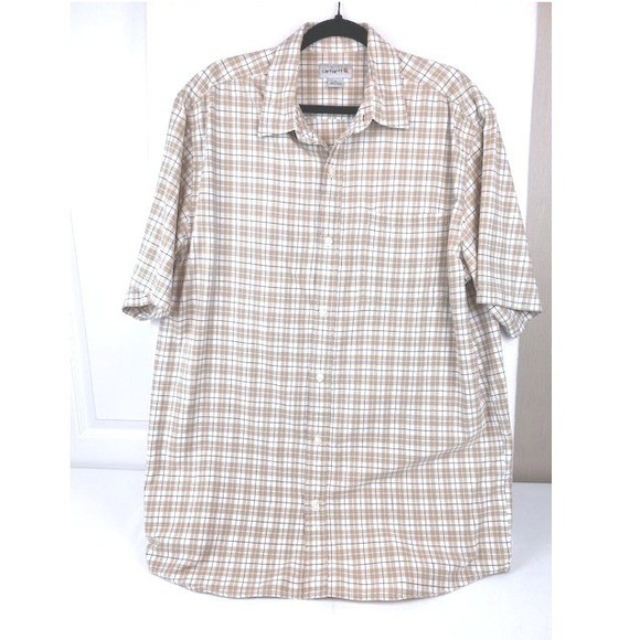 Carhartt Other - Carhartt Mens Tan White Plaid Short Sleeve Button Down Cotton Shirt Large